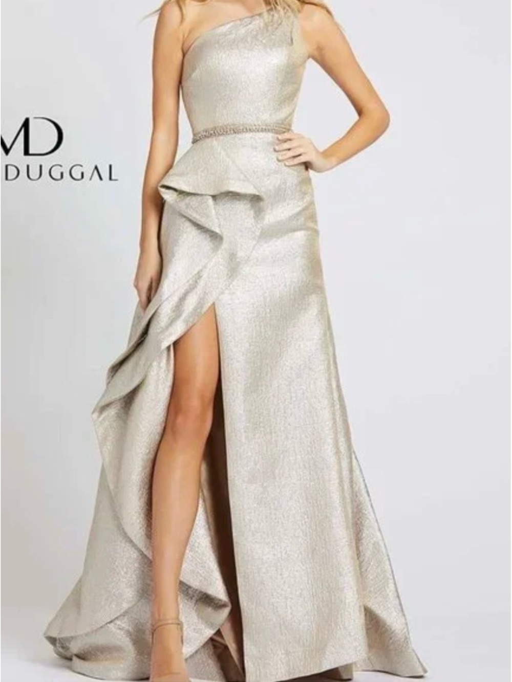 Mac Duggal One-Shoulder Metallic Champagne Gown with Ruffle & Thigh Slit